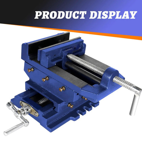 Heavy Duty Cast Iron Drill Press Vise Featuring Six Inch Max Jaw Opening And Slick Two Way Xy Sliding Base For Rock Solid Clamping Power During Precision Woodworking Jobs And Garage Projects, blue color.