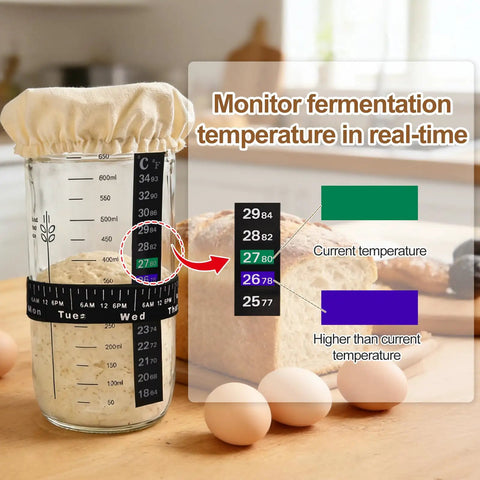 24 Oz Wide Mouth Sourdough Starter Jar Kit With Glass Fermentation Container showing temperature tracking on jar