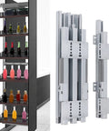 Soft Close Drawer Slide With Dampening, Quiet Heavy Duty 60Kg Load Capacity For Kitchen Cabinets, Closets And Wardrobes, Smooth Sliding Hardware That Glides Quietly, Reducing Slams And Bumps For Everyday Use In Busy Homes. silver metal drawer slide set shown with mounted cabinet shelving