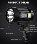 Rechargeable Spotlight 2,000,000 Lumens Handheld LED Flashlight with COB Light and Solar Panels, detailed features labeled