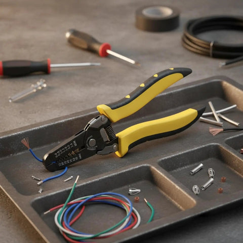 This awesome Self-Adjusting Wire Stripper And Cutter Is A Total Game Changer For Any Electrician Or Diy Pro on a work surface with wires and tools.