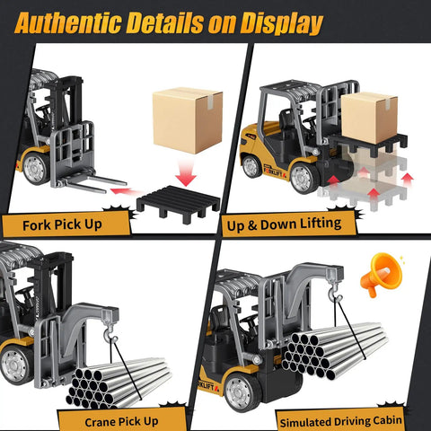 Mini Forklift Remote Control 1:64 Scale Desktop Radio Controlled Toy With App Connectivity showing fork pickup and lifting features.