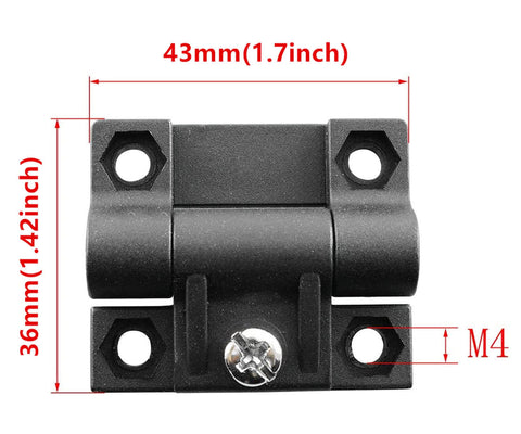 Front view of Two Pack Black Nylon Adjustable Torque Hinge Position Control Hinges, 43mm x 36mm size, with visible screw holes.