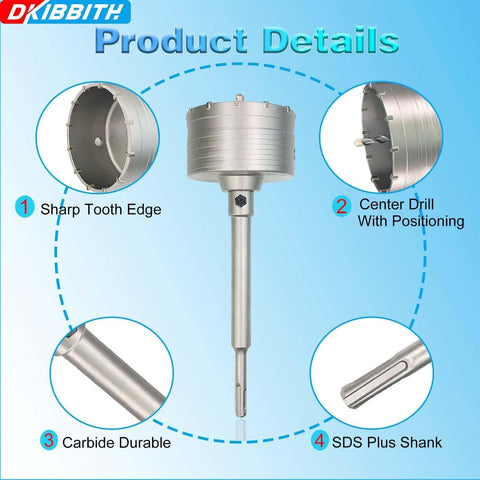4-inch DKIBBITH concrete hole saw with SDS-Plus shank and center drill; 102mm carbide core for brick, block, rock