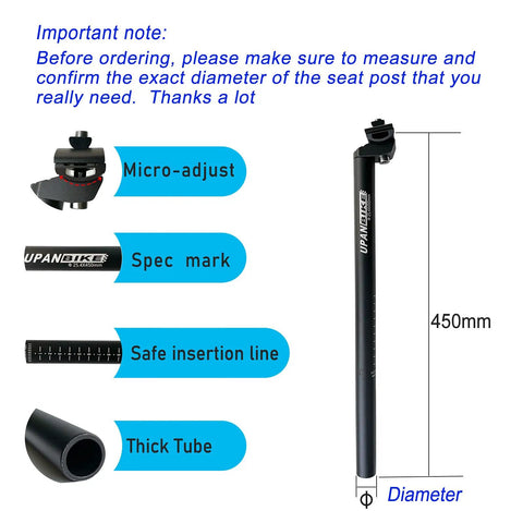 Diagram of Extra Long 45cm Bike Seatpost With Micro Adjust Clamp for 27.2mm frame, showing features like spec mark and insertion line.