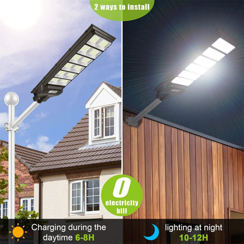 1000W Solar Street Light With Motion Sensor 80000LM IP65 Waterproof Outdoor Flood Light installed on pole and wall
