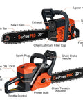 Pro Grade 62cc Gas Chainsaw 20 Inch With 2 Cycle Engine Anti Vibration Quick Start Technology labeled parts illustration