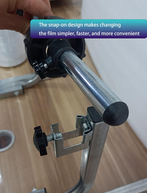 Close-up of Heavy Duty Metal Roll Dispenser For Bubble Wrap Stretch Film And Foam showing snap-on design for easy film change.