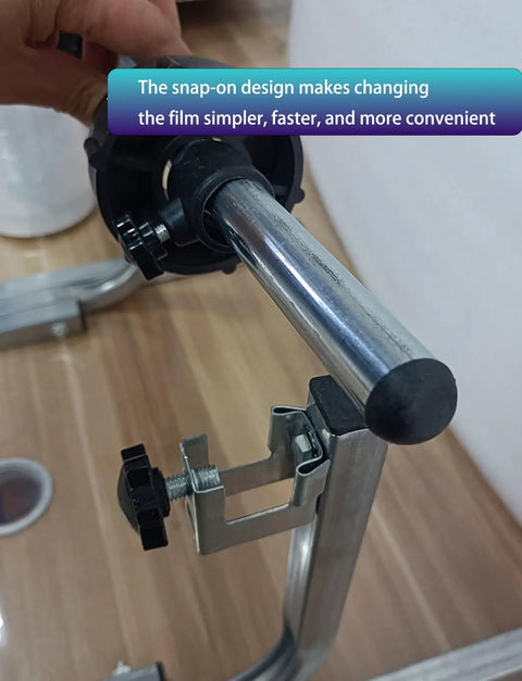 Close-up of Heavy Duty All Metal Roll Holder And Rock Solid Bubble Wrap Dispenser for Stretch Film with snap-on design.
