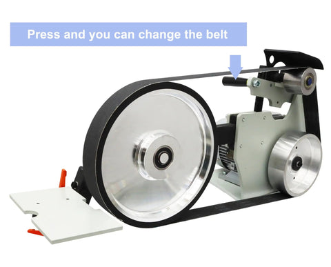 Professional Variable Speed Belt Sander With 72 Inch Abrasive Belts And Extra Grinding Discs for easy belt change mechanism.