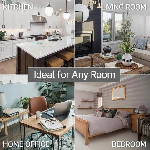 Collage of a kitchen, living room, home office, and bedroom, labeled 'Ideal for Any Room'. Dual USB-C PD In-Wall Charger With 30W Total Power