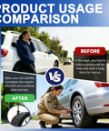 Comparison of tire repair methods with before and after images using 60 Piece Tire Repair Kit With Spiral Screw In Plugs And Included Screwdriver For Car Truck Motorcycle SUV Tubeless Puncture Emergency DIY Fix On The Go.