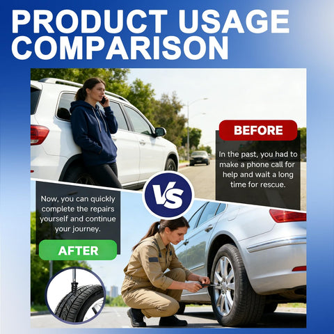 Comparison of tire repair methods with before and after images using 60 Piece Tire Repair Kit With Spiral Screw In Plugs And Included Screwdriver For Car Truck Motorcycle SUV Tubeless Puncture Emergency DIY Fix On The Go.