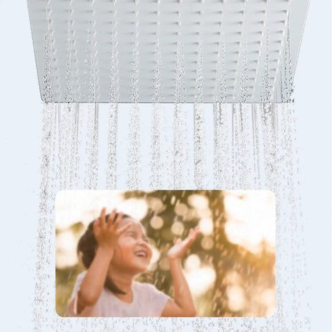 Digital Display Rainfall Shower Faucet Set With Real Time Temperature Reading Oversized Ceiling Rainhead, water showering down.