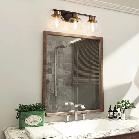 Three Light Black And Gold Vanity Light For Bathrooms Over Mirror With Globe Glass Shades, 22 Inch Modern Wall Sconce, E26 Base, Bulbs Not Included, Ideal For Bathroom, Hallway Or Bedroom