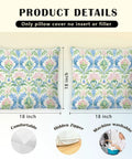Vintage Block Print Floral Pillow Covers 18x18 Set of 2 in Blue Green Pink with Cozy Flannel Cottage Core Art Nouveau Decor for Living Room and Bedroom Grandmillennial Style Hidden Zipper Covers, front view