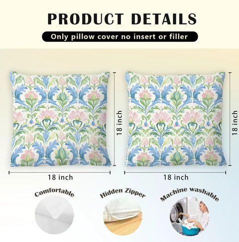 Vintage Block Print Floral Pillow Covers 18x18 Set of 2 in Blue Green Pink with Cozy Flannel Cottage Core Art Nouveau Decor for Living Room and Bedroom Grandmillennial Style Hidden Zipper Covers, front view