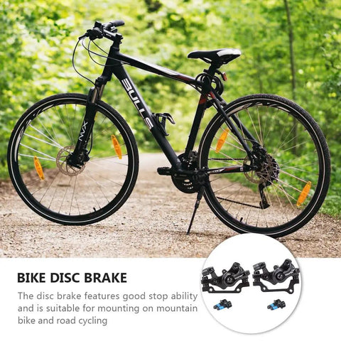 High Quality Mechanical Disc Brake Set For Mountain Bike featuring front and rear aluminum alloy calipers on a bike in nature.