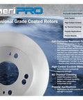 Close-up of Coated Disc Brake Rotors With Galvanized Pads For GM Express Van 4500 DRW 21-25 Fleet Ready Road Tested Heavy Duty Braking System OE Quality Durability And Consistent Performance For Daily Hauling against water background with text descriptions.