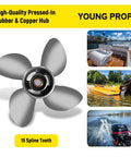 Stainless Steel 13 By 17 Inch Boat Propeller For Yamaha Outboard Engines 50 To 130 HP, 4 Blade, 15 Tooth, Right Hand Rotation, 4.25 Gearcase, OEM Replacement Backup Propeller Kit with images of propeller in water.