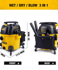Front and back view of 9 Gallon Wet And Dry Shop Vacuum With 5 Peak HP Motor, showing heavy-duty suction, blower port, and attachments.