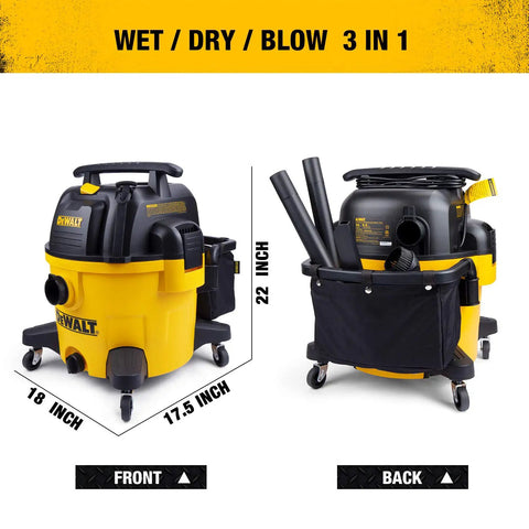 Front and back view of 9 Gallon Wet And Dry Shop Vacuum With 5 Peak HP Motor, showing heavy-duty suction, blower port, and attachments.