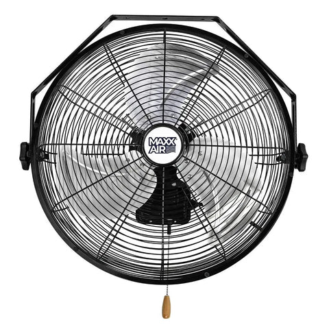 18 Inch Wall Mount Fan For Garages, Shops, Barns And Patios, Industrial Grade Cooling With 1450 CFM, front view, black steel grille