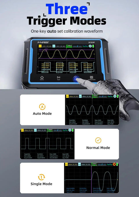 Plus Edition 3in1 Portable Oscilloscope Multimeter And DDS Signal Generator With Touch Screen Tablet displaying three trigger modes