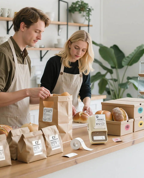 Smooth Sailing With This Sleek Portable Bluetooth Thermal Label Printer sporting inkless tech, showcased in a bakery setting with goods.
