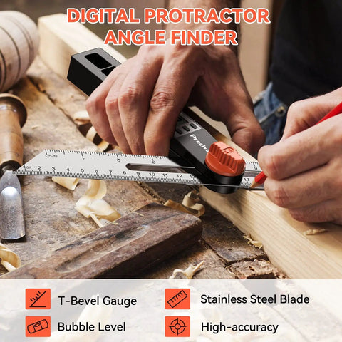 Dope Angle Finder Protractor With Digital Display 0-338 Degrees T-Bevel Gauge And Bubble Level 230mm 8In tool in use on wood