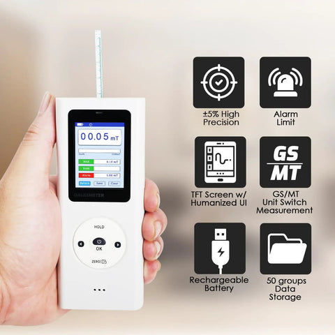 Portable Gauss Meter With Rechargeable Battery 25000 Gauss 2500 MilliTesla Range Magnetometer For Magnetic Field Testing North South Pole Detection Data Logging And Alarm Plus Or Minus Five Percent Accuracy For Factory QC And Workshops, handheld