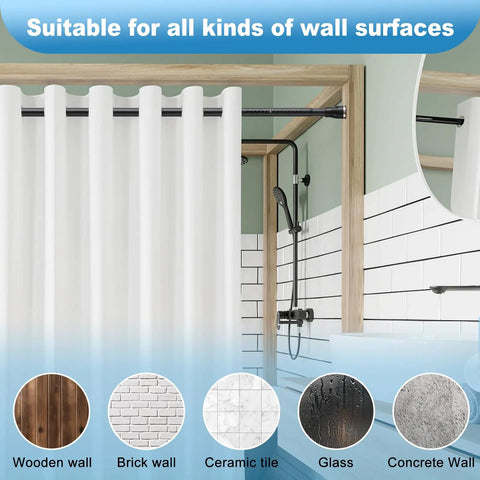 Heavy Duty Adjustable Tension Curtain Rod 42 To 115 Inches Black Shower Rod installed in a bathroom with multiple wall types.