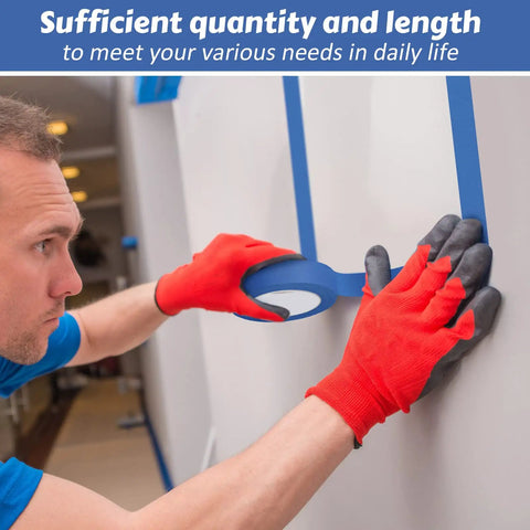 Man applying Blue Painter Tape Bulk Pack 20 Rolls 1 Inch By 55 Yards Masking Tape for wall painting and home improvement projects.