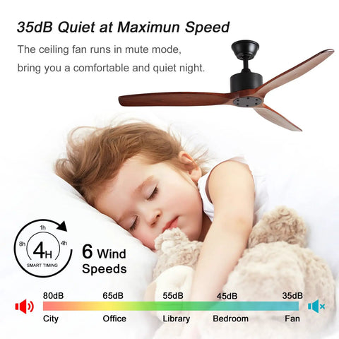 52 Inch Walnut Wood Ceiling Fan With 3 Blades No Light Quiet Reversible DC Motor Indoor Outdoor Remote Control, sleeping child