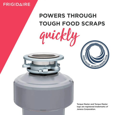 Close-up of a Three Quarter HP Corded Beefed Up Kitchen Garbage Disposal with Odor Shield and Silver Guard features.