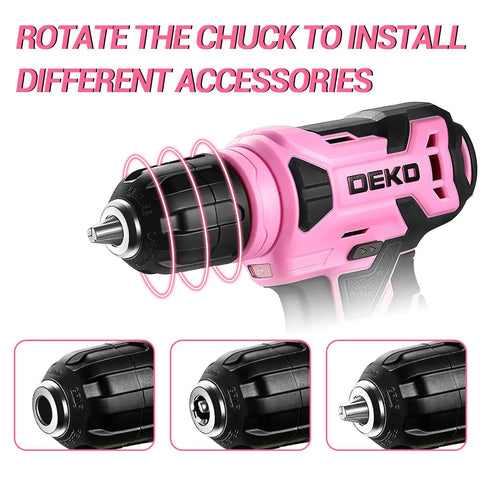 Pink 8V Cordless Drill Kit With Three Eighths Inch Keyless Chuck And Forty Two Accessories Built In LED And Type C Charging Cable