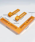 Premium CNC Workpiece Positioning Fixture Kit With Precision Vise Clamps For Woodworking Projects showing orange aluminum parts with dimensions.