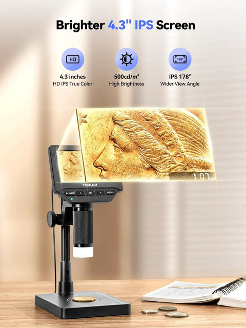 4.3 Inch Digital Coin Microscope With Built In Scale And Illuminated Magnifier Weigh Coins In Grams Ounces Carats on table