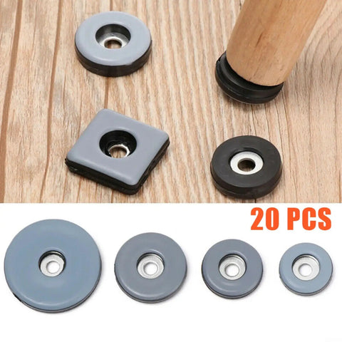 PTFE Furniture Sliders With Screws 20 Pack Chair Leg Glides on wood floor, round and square shapes, black and gray finish visible