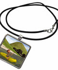 Cartoon Man on Ocean Rowing Inflatable Raft Pendant Necklace With Rectangular 1 Inch Charm, 17 Inch Black Rubber Cord