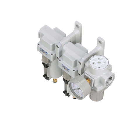Three Stage Air Drying System All In One With Particulate Filter And Coalescing Filter And Pressure Regulator, shown with gauge and bracket.