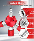 Three Way Air Hose Splitter With Red Manifold And Quarter Inch NPT Connections Pro Grade Industrial Swivel Plugs Nickel Plated Steel Couplers