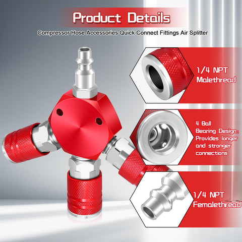 Three Way Air Hose Splitter With Red Manifold And Quarter Inch NPT Connections Pro Grade Industrial Swivel Plugs Nickel Plated Steel Couplers