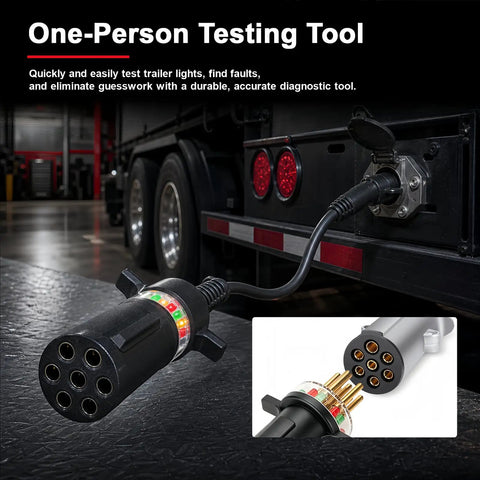 7 Way Round Pin Trailer Plug Tester With LED Indicators Replaces 7865L For Trucks And Trailers A Durable Diagnostic Tool For Mechanics And Fleet Drivers Perfect For Quick Electrical Checks And Cleaning Corrosion While Delivering Accurate Diagnostics. connected to trailer