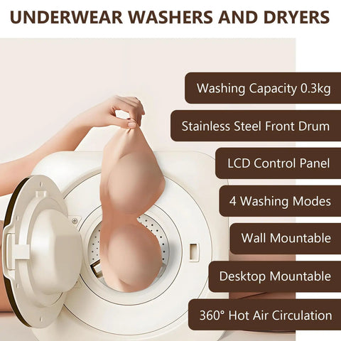 Slick Portable Washer And Dryer Combo Mini Compact Laundry Machine With LCD Control Panel displaying a bra and features.