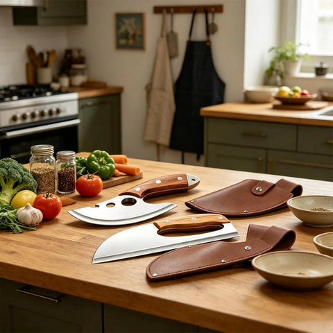 Heavy Duty Stainless Steel Meat Cleaver And 2 Piece Kitchen Chopper Set with leather covers on a wooden kitchen counter