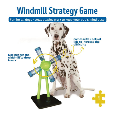 Dalmatian beside Windmill Strategy Dog Puzzle Toy For Beginners Level 1 Treat Puzzle Interactive Foraging Activity.