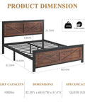 Product dimensions of Badass Industrial Queen Bed Frame With Rustic Barn Headboard, including weight capacity and measurements.