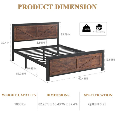 Product dimensions of Badass Industrial Queen Bed Frame With Rustic Barn Headboard, including weight capacity and measurements.