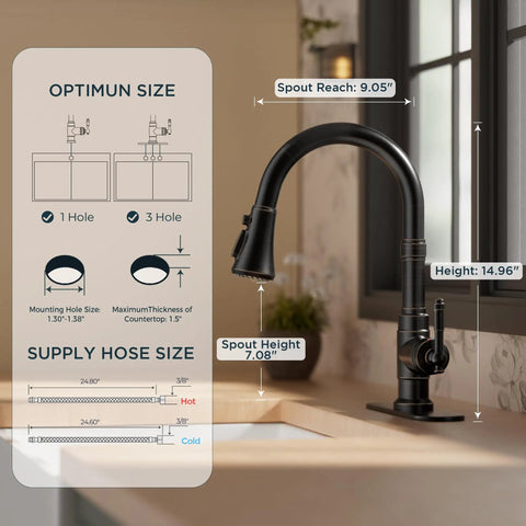 Premium Vintage Kitchen Faucet Featuring A Smooth Pull Down Sprayer And Heavy Duty Oil Rubbed Bronze Finish dimensions and specifications.